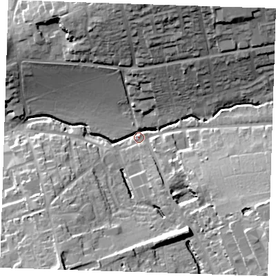Shaded relief map of the ground around CB101LT, computed from Environment Agency LiDAR. The ground here sits at about 57 m above sea level and falls 31 m across the surrounding 800 m. Surface water reaching this point runs off ground lying to the north, 27.5 m higher.