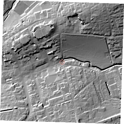 Shaded relief map of the ground around CB101LU, computed from Environment Agency LiDAR. The ground here sits at about 52 m above sea level and falls 36 m across the surrounding 800 m. Surface water reaching this point runs off ground lying to the north-east, 32.7 m higher.