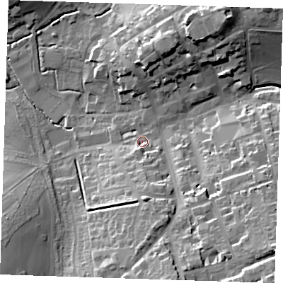 Shaded relief map of the ground around CB101NG, computed from Environment Agency LiDAR. The ground here sits at about 51 m above sea level and falls 30 m across the surrounding 800 m. Surface water reaching this point runs off ground lying to the south-south-east, 24.2 m higher.