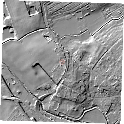 Shaded relief map of the ground around CB101NS, computed from Environment Agency LiDAR. The ground here sits at about 42 m above sea level and falls 12 m across the surrounding 800 m. Surface water reaching this point runs off ground lying to the south-east, 1.4 m higher.