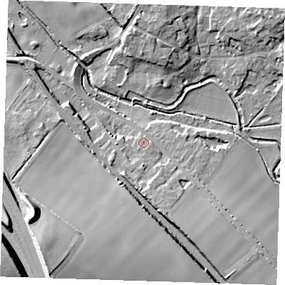 Shaded relief map of the ground around CB101NY, computed from Environment Agency LiDAR. The ground here sits at about 38 m above sea level and falls 30 m across the surrounding 800 m. Surface water reaching this point runs off ground lying to the south-south-east, 9.2 m higher.