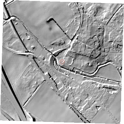 Shaded relief map of the ground around CB101PE, computed from Environment Agency LiDAR. The ground here sits at about 36 m above sea level and falls 23 m across the surrounding 800 m. Surface water reaching this point runs off ground lying to the north-east, 6.7 m higher.
