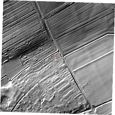 Shaded relief map of the ground around CB101PS, computed from Environment Agency LiDAR. The ground here sits at about 40 m above sea level and falls 19 m across the surrounding 800 m. Surface water reaching this point runs off ground lying to the south-east, 14.7 m higher.