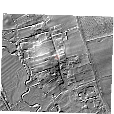 Shaded relief map of the ground around CB101QY, computed from Environment Agency LiDAR. The ground here sits at about 36 m above sea level and falls 13 m across the surrounding 800 m. Surface water reaching this point runs off ground lying to the east-north-east, 3.4 m higher.