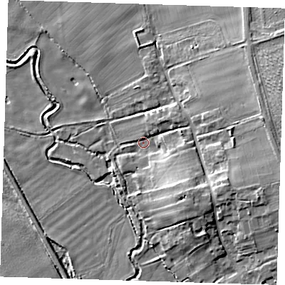 Shaded relief map of the ground around CB101RD, computed from Environment Agency LiDAR. The ground here sits at about 29 m above sea level and falls 12 m across the surrounding 800 m. Surface water reaching this point runs off ground lying to the east, 9.3 m higher.