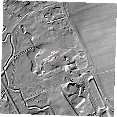 Shaded relief map of the ground around CB101SA, computed from Environment Agency LiDAR. The ground here sits at about 34 m above sea level and falls 16 m across the surrounding 800 m. Surface water reaching this point runs off ground lying to the east, 5.8 m higher.