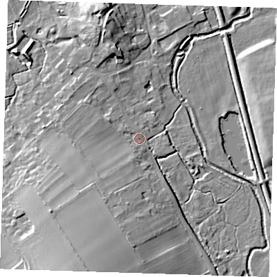 Shaded relief map of the ground around CB101SH, computed from Environment Agency LiDAR. The ground here sits at about 35 m above sea level and falls 18 m across the surrounding 800 m. Surface water reaching this point runs off ground lying to the south-south-west, 14.4 m higher.