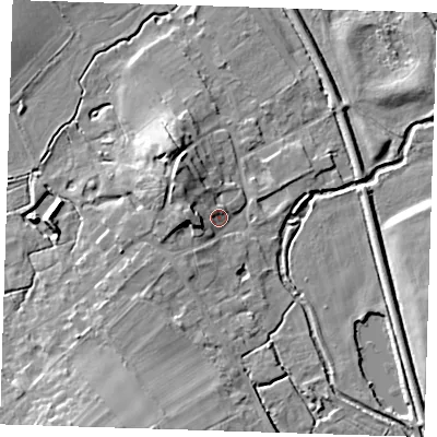 Shaded relief map of the ground around CB101SL, computed from Environment Agency LiDAR. The ground here sits at about 35 m above sea level and falls 12 m across the surrounding 800 m. Surface water reaching this point runs off ground lying to the north-west, 5.5 m higher.