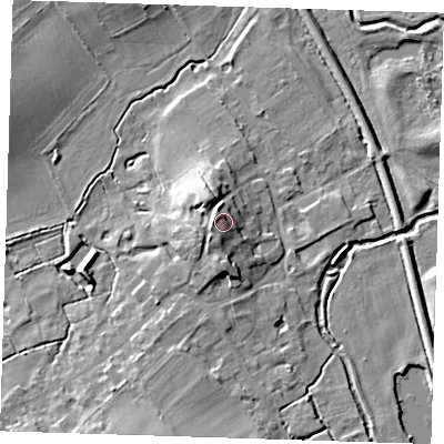 Shaded relief map of the ground around CB101SR, computed from Environment Agency LiDAR. The ground here sits at about 40 m above sea level and falls 11 m across the surrounding 800 m. Surface water reaching this point runs off ground lying to the west-north-west, 2.6 m higher.