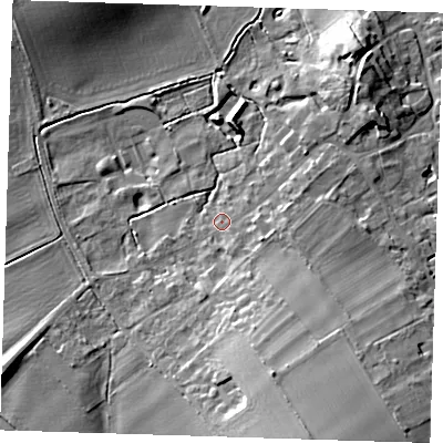 Shaded relief map of the ground around CB101SS, computed from Environment Agency LiDAR. The ground here sits at about 35 m above sea level and falls 16 m across the surrounding 800 m. Surface water reaching this point runs off ground lying to the south-south-east, 8.3 m higher.