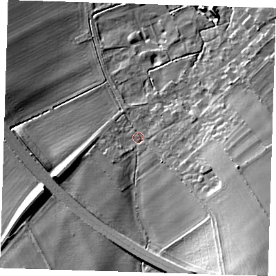 Shaded relief map of the ground around CB101ST, computed from Environment Agency LiDAR. The ground here sits at about 36 m above sea level and falls 21 m across the surrounding 800 m. Surface water reaching this point runs off ground lying to the south-south-east, 13.8 m higher.