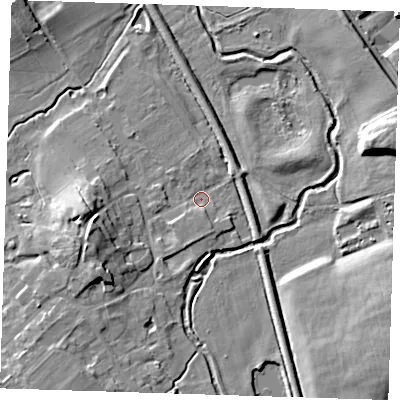 Shaded relief map of the ground around CB101SW, computed from Environment Agency LiDAR. The ground here sits at about 33 m above sea level and falls 11 m across the surrounding 800 m. Surface water reaching this point runs off ground lying to the west-south-west, 9.2 m higher.