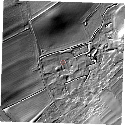 Shaded relief map of the ground around CB101SX, computed from Environment Agency LiDAR. The ground here sits at about 33 m above sea level and falls 13 m across the surrounding 800 m. Surface water reaching this point runs off ground lying to the north-west, 11.1 m higher.