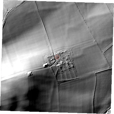 Shaded relief map of the ground around CB101TB, computed from Environment Agency LiDAR. The ground here sits at about 69 m above sea level and falls 44 m across the surrounding 800 m. Surface water reaching this point runs off ground lying to the west-south-west, 18.0 m higher.