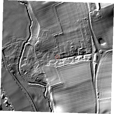 Shaded relief map of the ground around CB101TS, computed from Environment Agency LiDAR. The ground here sits at about 40 m above sea level and falls 30 m across the surrounding 800 m. Surface water reaching this point runs off ground lying to the north-east, 26.3 m higher.