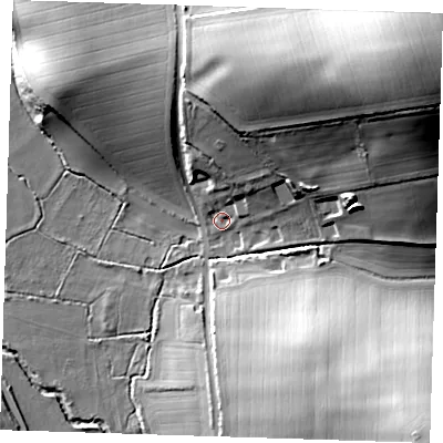 Shaded relief map of the ground around CB101UE, computed from Environment Agency LiDAR. The ground here sits at about 43 m above sea level and falls 49 m across the surrounding 800 m. Surface water reaching this point runs off ground lying to the north-east, 43.5 m higher.