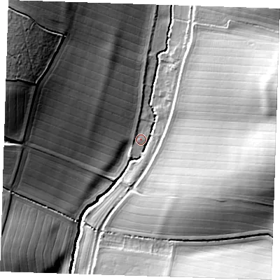 Shaded relief map of the ground around CB101UX, computed from Environment Agency LiDAR. The ground here sits at about 62 m above sea level and falls 36 m across the surrounding 800 m. Surface water reaching this point runs off ground lying to the north-west, 29.3 m higher.