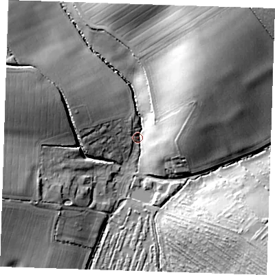 Shaded relief map of the ground around CB101XH, computed from Environment Agency LiDAR. The ground here sits at about 72 m above sea level and falls 33 m across the surrounding 800 m. Surface water reaching this point runs off ground lying to the north-east, 30.5 m higher.
