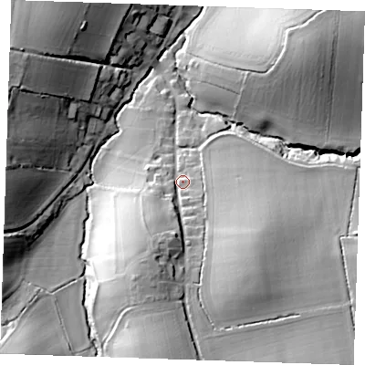 Shaded relief map of the ground around CB102ET, computed from Environment Agency LiDAR. The ground here sits at about 74 m above sea level and falls 29 m across the surrounding 800 m. Surface water reaching this point runs off ground lying to the south-east, 18.8 m higher.