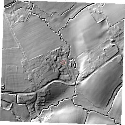 Shaded relief map of the ground around CB102FU, computed from Environment Agency LiDAR. The ground here sits at about 83 m above sea level and falls 17 m across the surrounding 800 m. Surface water reaching this point runs off ground lying to the west, 10.1 m higher.