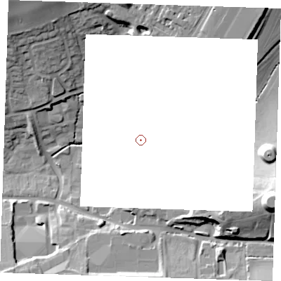 Shaded relief map of the ground around CB102GN, computed from Environment Agency LiDAR. and falls 34 m across the surrounding 800 m.