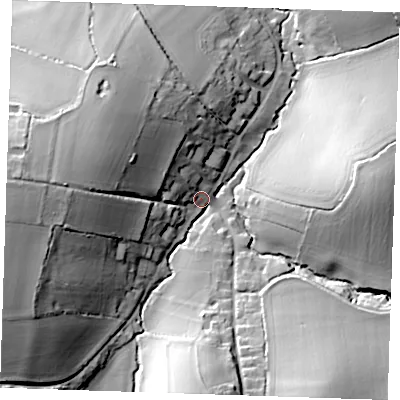 Shaded relief map of the ground around CB102HA, computed from Environment Agency LiDAR. The ground here sits at about 66 m above sea level and falls 30 m across the surrounding 800 m. Surface water reaching this point runs off ground lying to the west-south-west, 27.0 m higher.