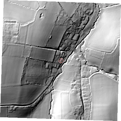 Shaded relief map of the ground around CB102HB, computed from Environment Agency LiDAR. The ground here sits at about 67 m above sea level and falls 33 m across the surrounding 800 m. Surface water reaching this point runs off ground lying to the west-south-west, 30.2 m higher.