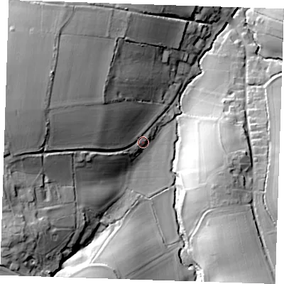 Shaded relief map of the ground around CB102HF, computed from Environment Agency LiDAR. The ground here sits at about 70 m above sea level and falls 36 m across the surrounding 800 m. Surface water reaching this point runs off ground lying to the west-north-west, 29.2 m higher.