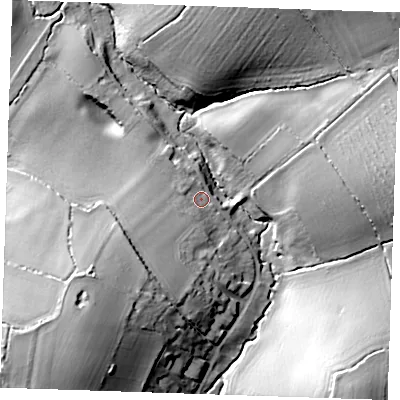Shaded relief map of the ground around CB102HR, computed from Environment Agency LiDAR. The ground here sits at about 64 m above sea level and falls 35 m across the surrounding 800 m. Surface water reaching this point runs off ground lying to the south-west, 9.5 m higher.