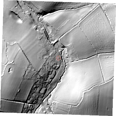 Shaded relief map of the ground around CB102HT, computed from Environment Agency LiDAR. The ground here sits at about 63 m above sea level and falls 33 m across the surrounding 800 m. Surface water reaching this point runs off ground lying to the south-east, 29.7 m higher.
