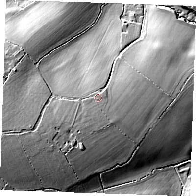 Shaded relief map of the ground around CB102NA, computed from Environment Agency LiDAR. The ground here sits at about 100 m above sea level and falls 30 m across the surrounding 800 m. Surface water reaching this point runs off ground lying to the south-south-east, 2.6 m higher.