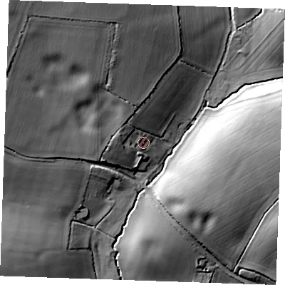 Shaded relief map of the ground around CB102NU, computed from Environment Agency LiDAR. The ground here sits at about 80 m above sea level and falls 27 m across the surrounding 800 m. Surface water reaching this point runs off ground lying to the north-west, 6.4 m higher.