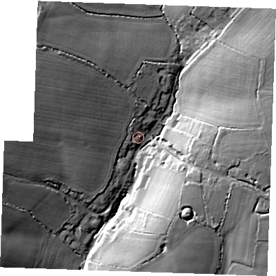 Shaded relief map of the ground around CB102PD, computed from Environment Agency LiDAR. The ground here sits at about 92 m above sea level and falls 26 m across the surrounding 800 m. Surface water reaching this point runs off ground lying to the north-west, 19.0 m higher.