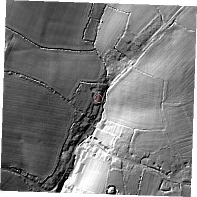 Shaded relief map of the ground around CB102PE, computed from Environment Agency LiDAR. The ground here sits at about 96 m above sea level and falls 24 m across the surrounding 800 m. Surface water reaching this point runs off ground lying to the west-north-west, 5.0 m higher.