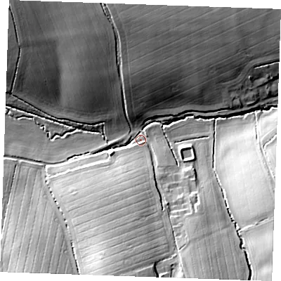 Shaded relief map of the ground around CB102PP, computed from Environment Agency LiDAR. The ground here sits at about 75 m above sea level and falls 24 m across the surrounding 800 m. Surface water reaching this point runs off ground lying to the south-south-west, 16.9 m higher.