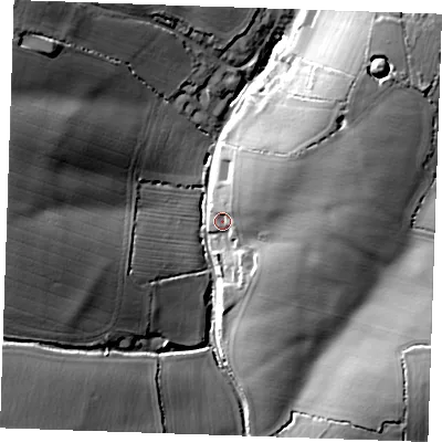 Shaded relief map of the ground around CB102PQ, computed from Environment Agency LiDAR. The ground here sits at about 87 m above sea level and falls 29 m across the surrounding 800 m. Surface water reaching this point runs off ground lying to the north-east, 11.7 m higher.