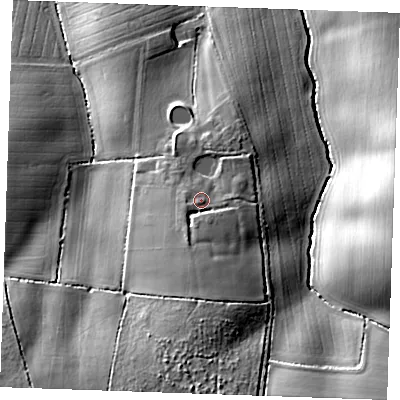 Shaded relief map of the ground around CB102PR, computed from Environment Agency LiDAR. The ground here sits at about 104 m above sea level and falls 30 m across the surrounding 800 m. Surface water reaching this point runs off ground lying to the south, 4.1 m higher.