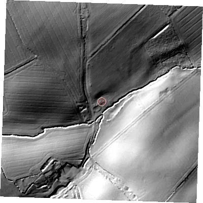 Shaded relief map of the ground around CB102QF, computed from Environment Agency LiDAR. The ground here sits at about 72 m above sea level and falls 27 m across the surrounding 800 m. Surface water reaching this point runs off ground lying to the north-west, 20.9 m higher.