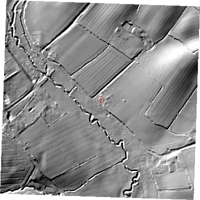 Shaded relief map of the ground around CB102QN, computed from Environment Agency LiDAR. The ground here sits at about 65 m above sea level and falls 32 m across the surrounding 800 m. Surface water reaching this point runs off ground lying to the north-east, 28.9 m higher.