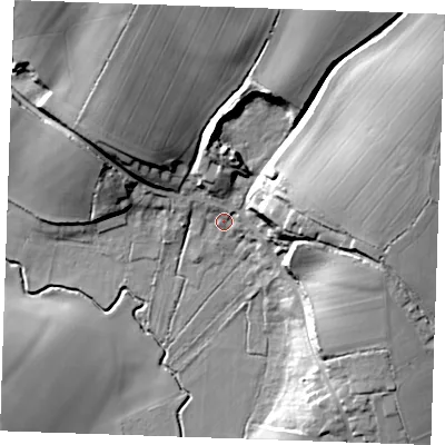 Shaded relief map of the ground around CB102RQ, computed from Environment Agency LiDAR. The ground here sits at about 71 m above sea level and falls 30 m across the surrounding 800 m. Surface water reaching this point runs off ground lying to the north-east, 27.3 m higher.