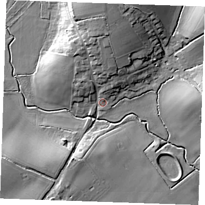 Shaded relief map of the ground around CB102RS, computed from Environment Agency LiDAR. The ground here sits at about 71 m above sea level and falls 20 m across the surrounding 800 m. Surface water reaching this point runs off ground lying to the north, 17.6 m higher.