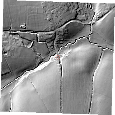 Shaded relief map of the ground around CB102TE, computed from Environment Agency LiDAR. The ground here sits at about 83 m above sea level and falls 19 m across the surrounding 800 m. Surface water reaching this point runs off ground lying to the south, 14.5 m higher.