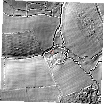 Shaded relief map of the ground around CB102TX, computed from Environment Agency LiDAR. The ground here sits at about 84 m above sea level and falls 17 m across the surrounding 800 m. Surface water reaching this point runs off ground lying to the south-west, 12.7 m higher.