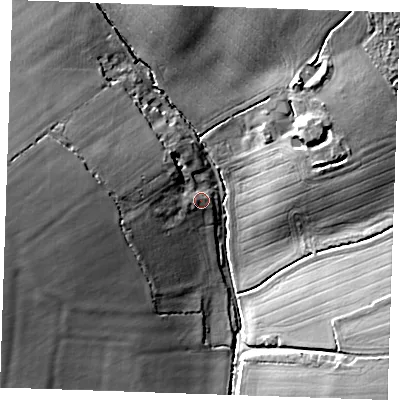 Shaded relief map of the ground around CB102UA, computed from Environment Agency LiDAR. The ground here sits at about 92 m above sea level and falls 18 m across the surrounding 800 m. Surface water reaching this point runs off ground lying to the west, 2.5 m higher.