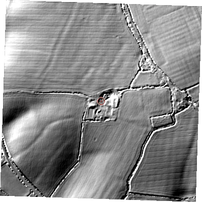 Shaded relief map of the ground around CB102XP, computed from Environment Agency LiDAR. The ground here sits at about 105 m above sea level and falls 18 m across the surrounding 800 m. Surface water reaching this point runs off ground lying to the east, 3.9 m higher.