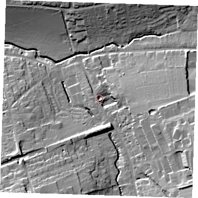 Shaded relief map of the ground around CB113AA, computed from Environment Agency LiDAR. The ground here sits at about 60 m above sea level and falls 33 m across the surrounding 800 m. Surface water reaching this point runs off ground lying to the east-north-east, 9.6 m higher.