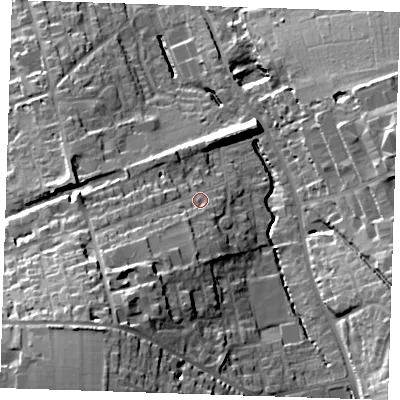 Shaded relief map of the ground around CB113AE, computed from Environment Agency LiDAR. The ground here sits at about 70 m above sea level and falls 38 m across the surrounding 800 m. Surface water reaching this point runs off ground lying to the south-west, 11.3 m higher.
