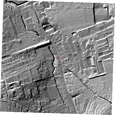 Shaded relief map of the ground around CB113AG, computed from Environment Agency LiDAR. The ground here sits at about 65 m above sea level and falls 41 m across the surrounding 800 m. Surface water reaching this point runs off ground lying to the south-east, 32.1 m higher.