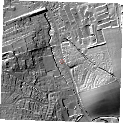 Shaded relief map of the ground around CB113BJ, computed from Environment Agency LiDAR. The ground here sits at about 69 m above sea level and falls 38 m across the surrounding 800 m. Surface water reaching this point runs off ground lying to the east, 27.0 m higher.