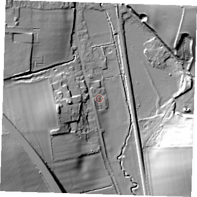 Shaded relief map of the ground around CB113BQ, computed from Environment Agency LiDAR. The ground here sits at about 61 m above sea level and falls 33 m across the surrounding 800 m. Surface water reaching this point runs off ground lying to the south-west, 3.4 m higher.